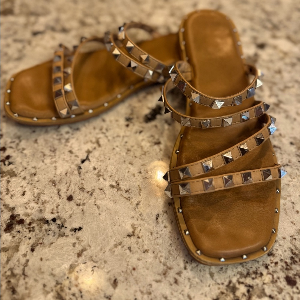 Nicole Miller Tan Studded Strappy Sandals